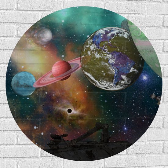 Muursticker Cirkel - Alle Planeten van het Universum vanaf Ruimteschip - 90x90 cm Foto op Muursticker