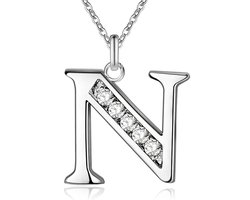 Zilverkleurige Letter N Dames Ketting met Zirkonia