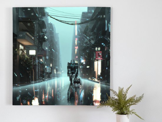 Electric Wanderer: Navigating the Futuristic Metropolis kunst - 30x30 centimeter op Plexiglas | Foto op Plexiglas - wanddecoratie