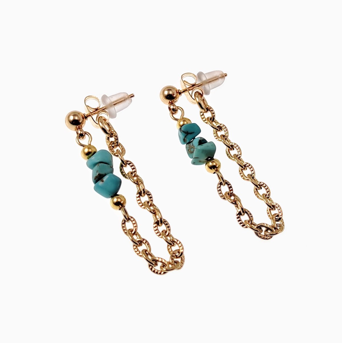 ∅4mm Bol oorbellen met Turquoise Stenen - Verguld Stalen - Dames Oorbellen met Ketting - Oorknopjes