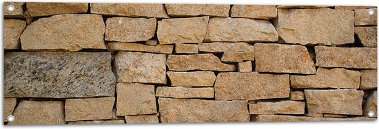 Tuinposter – Muur van Opgestapelde Beige Stenen - 120x40 cm Foto op Tuinposter (wanddecoratie voor buiten en binnen)