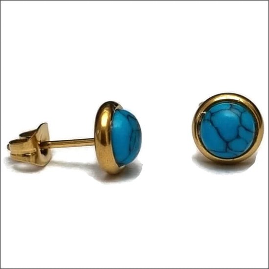 Aramat jewels ® - Oorbellen zweerknopjes blauw goudkleurig chirurgisch staal 8mm