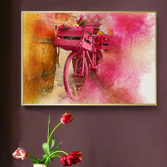 Canvas Schilderij * Bloemen Fiets Aquarel * - Abstract - Kleur Rood - 50 x 70 cm