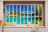 Fotobehang - Vlies Behang - 3D - Uitzicht op het Tropische Hawaii vanuit het Raam - 208 x 146 cm