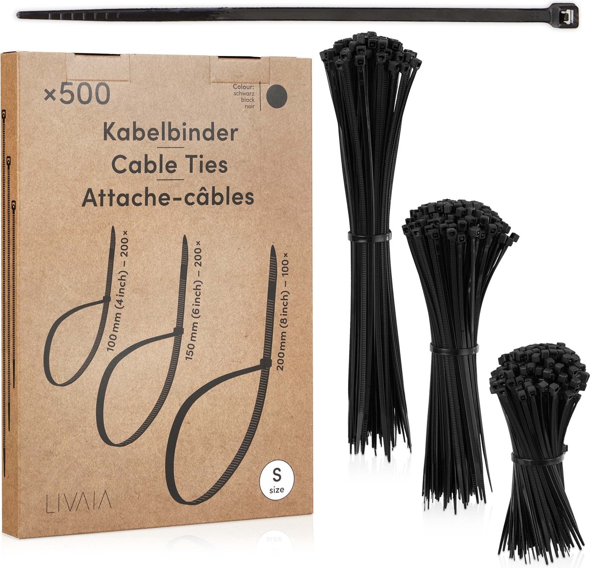 Kabelbinderset zwart: 500 kleine kabelbinders in 3 maten - Kabelorganizer, Kabelmanagement - Kabelbinders zwart 100mm, 150mm, 200mm - LIVAIA