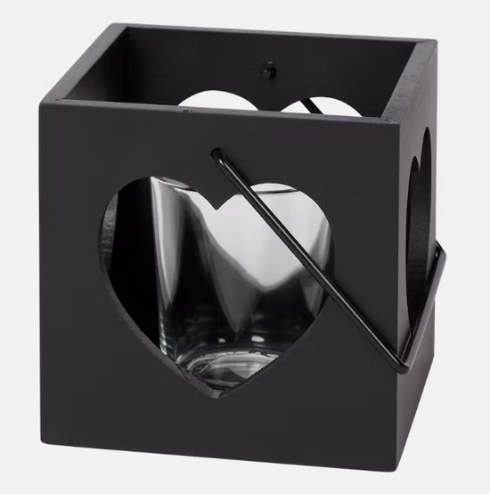Theelichthouder - Met hart - Met hengsel - FSC®-gecertificeerd hout - Vierkant - Zwart - 10 x 10 x 10 cm