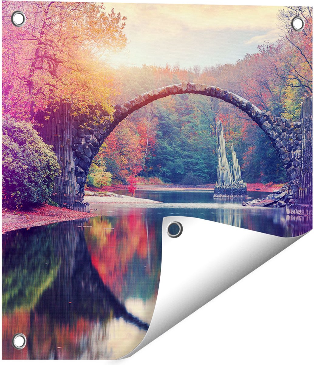 Gards Tuinposter Rakotz Brug in Duitsland in de Herfst - 40x40 cm - Tuindoek - Tuindecoratie - Wanddecoratie buiten - Tuinschilderij Multikleur