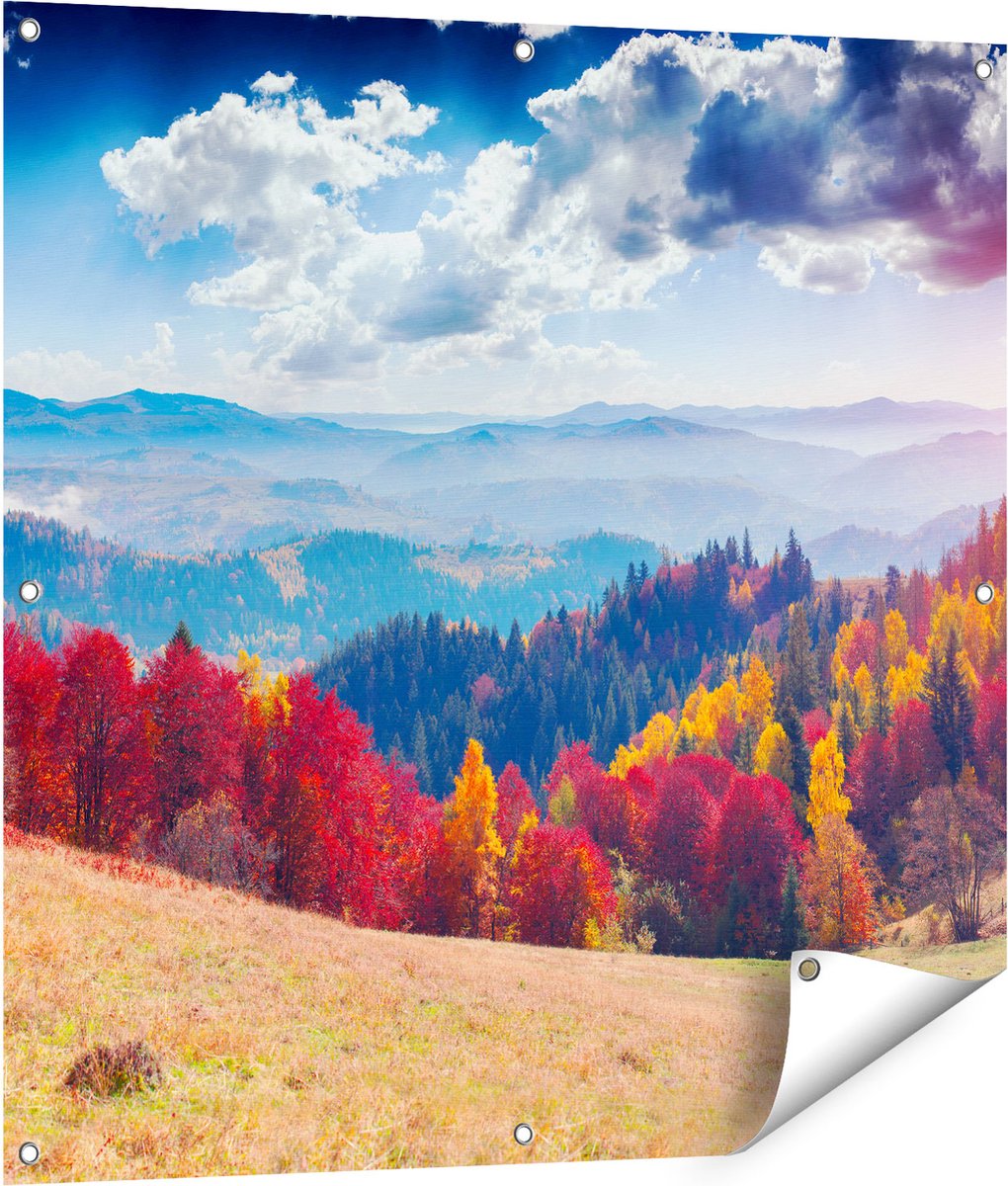 Gards Tuinposter Kleurrijke Herfstbos met Heuvellandschap - 90x90 cm - Tuindoek - Tuindecoratie - Wanddecoratie buiten - Tuinschilderij Multikleur