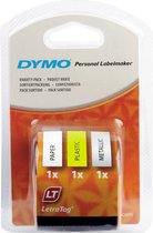 DYMO originele LetraTag label startpakket met papieren, plastic en metaalachtige etiketten | 12 mm x 4 m op rol | zelfklevend | 3 rollen | voor LetraTag labelprinters