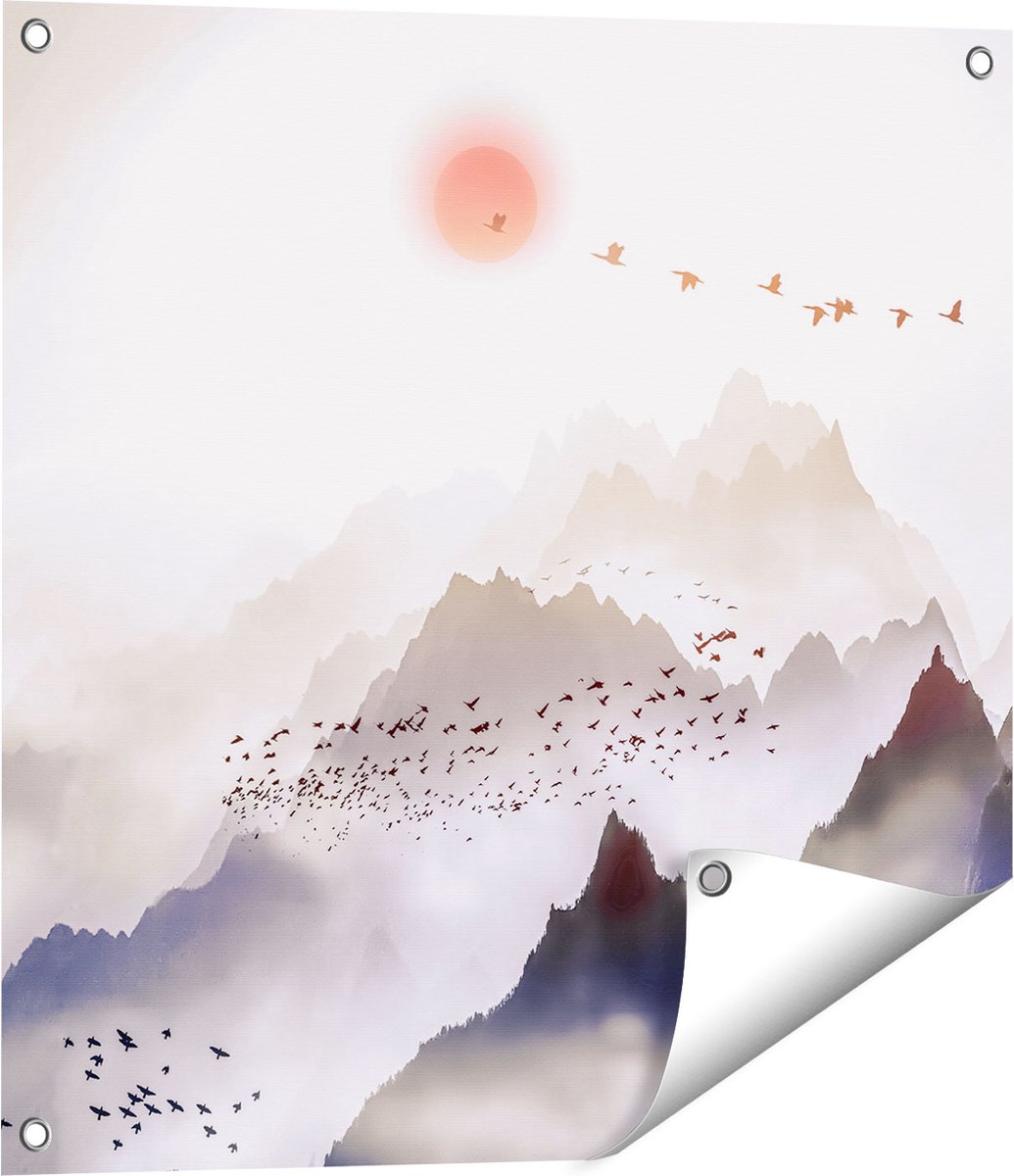 Gards Tuinposter Bergenlandschap met een Boom - Abstract - 60x60 cm - Tuindoek - Tuindecoratie - Wanddecoratie buiten - Tuinschilderij Multikleur