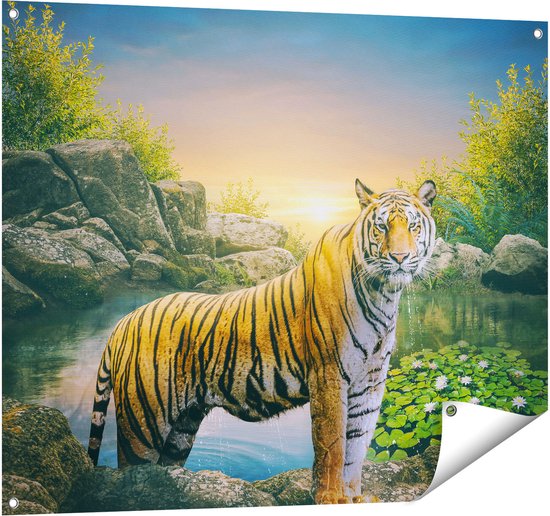 Gards Tuinposter Luipaard in een Vijver bij Zonsondergang - 100x80 cm - Tuindoek - Tuindecoratie - Wanddecoratie buiten - Tuinschilderij