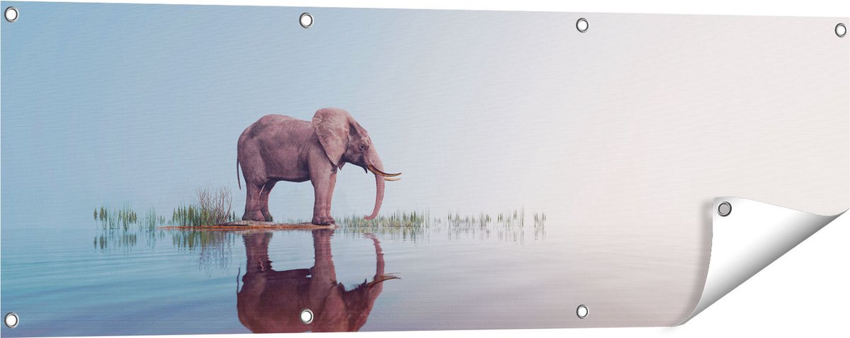 Gards Tuinposter Olifant bij het Water - 120x40 cm - Tuindoek - Tuindecoratie - Wanddecoratie buiten - Tuinschilderij Multikleur