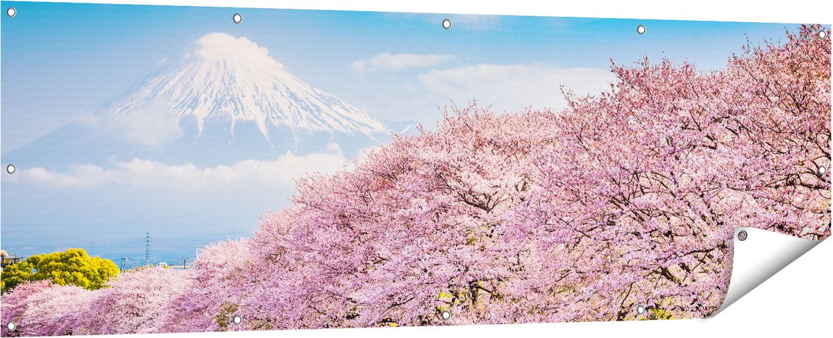 Gards Tuinposter Roze Bloesembomen bij de Fuji Berg - 180x60 cm - Tuindoek - Tuindecoratie - Wanddecoratie buiten - Tuinschilderij Multikleur