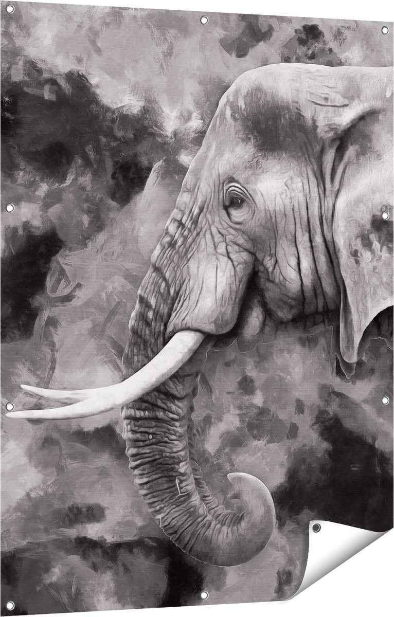 Gards Tuinposter Olifant - Abstract - Zwart Wit - 90x120 cm - Tuindoek - Tuindecoratie - Wanddecoratie buiten - Tuinschilderij Multikleur