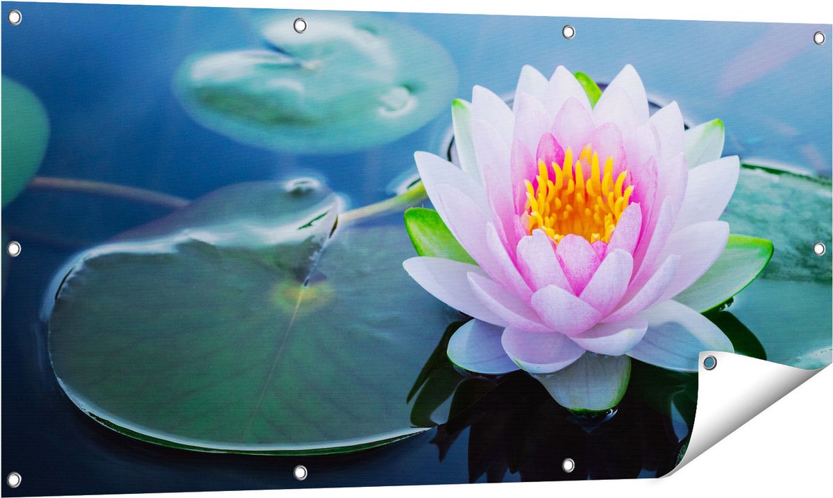 Gards Tuinposter Roze Lotusbloem met Waterlelies - 120x60 cm - Tuindoek - Tuindecoratie - Wanddecoratie buiten - Tuinschilderij Multikleur