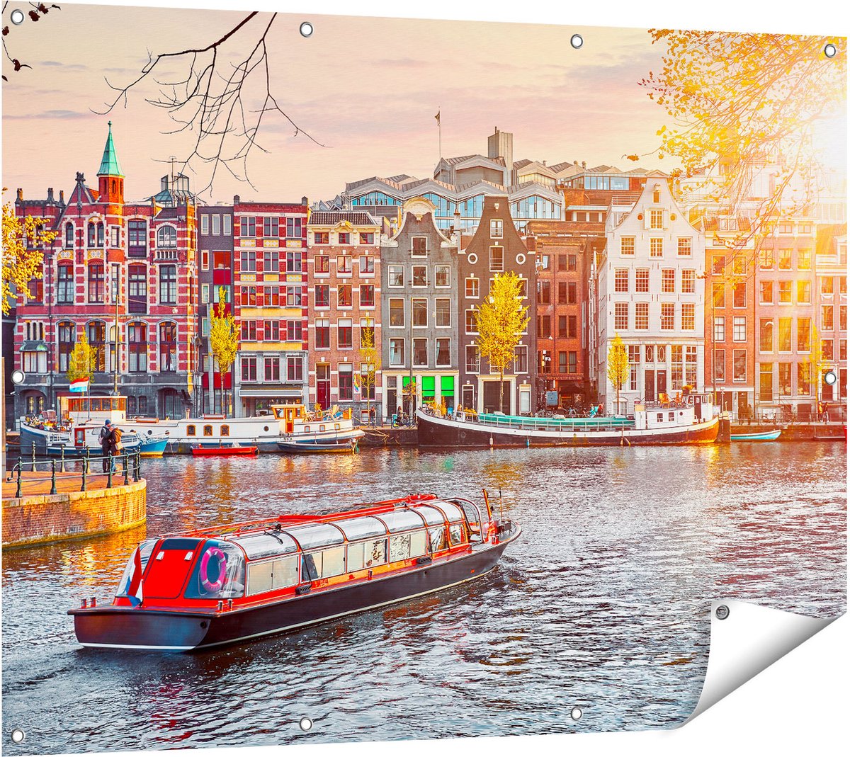 Gards Tuinposter Amsterdamse Huisjes vanaf de Grachten - 120x90 cm - Tuindoek - Tuindecoratie - Wanddecoratie buiten - Tuinschilderij Multikleur