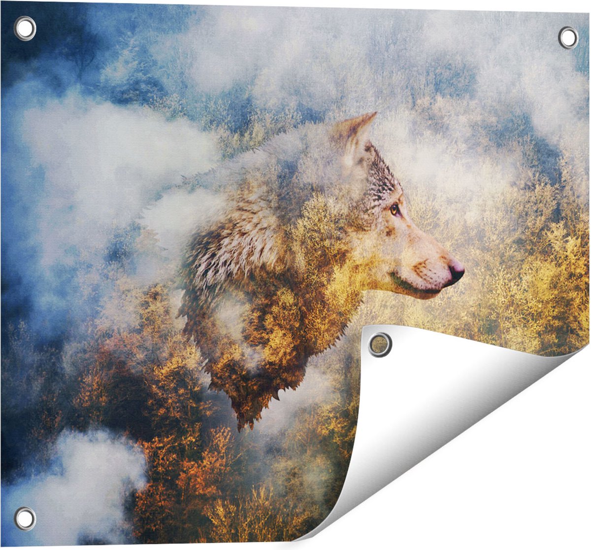 Gards Tuinposter Wolvenkop op een Herfstbos - Wolf - Abstract - 50x40 cm - Tuindoek - Tuindecoratie - Wanddecoratie buiten - Tuinschilderij Multikleur