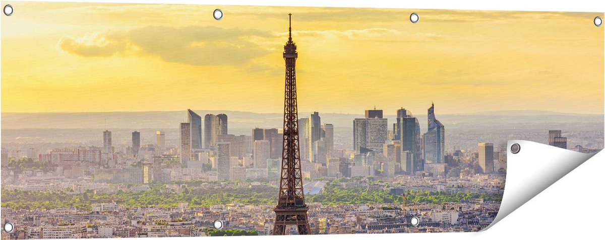 Gards Tuinposter Skyline van Parijs met de Eiffeltoren - 120x40 cm - Tuindoek - Tuindecoratie - Wanddecoratie buiten - Tuinschilderij Multikleur