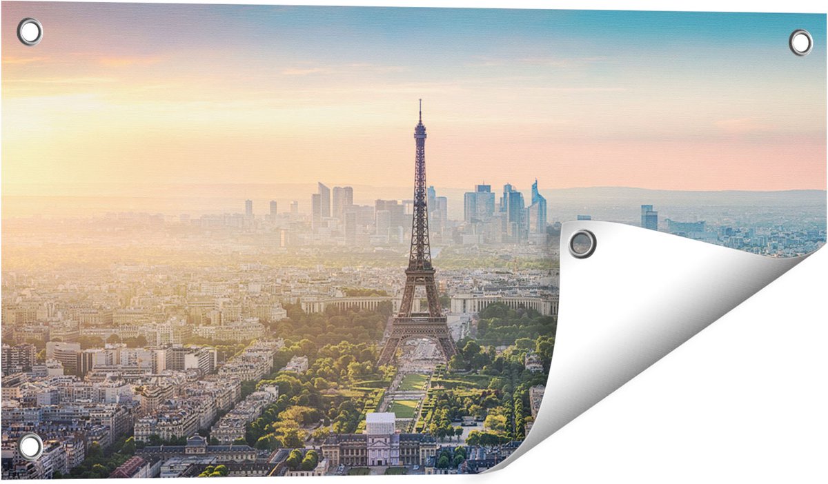 Gards Tuinposter Skyline van Parijs met de Eiffeltoren - 60x30 cm - Tuindoek - Tuindecoratie - Wanddecoratie buiten - Tuinschilderij Multikleur