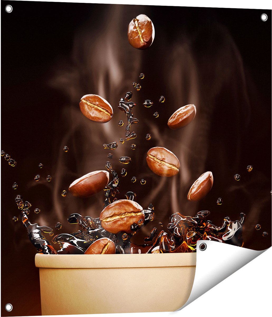 Gards Tuinposter Koffie Beker met Koffiebonen Erin - 70x70 cm - Tuindoek - Tuindecoratie - Wanddecoratie buiten - Tuinschilderij Multikleur