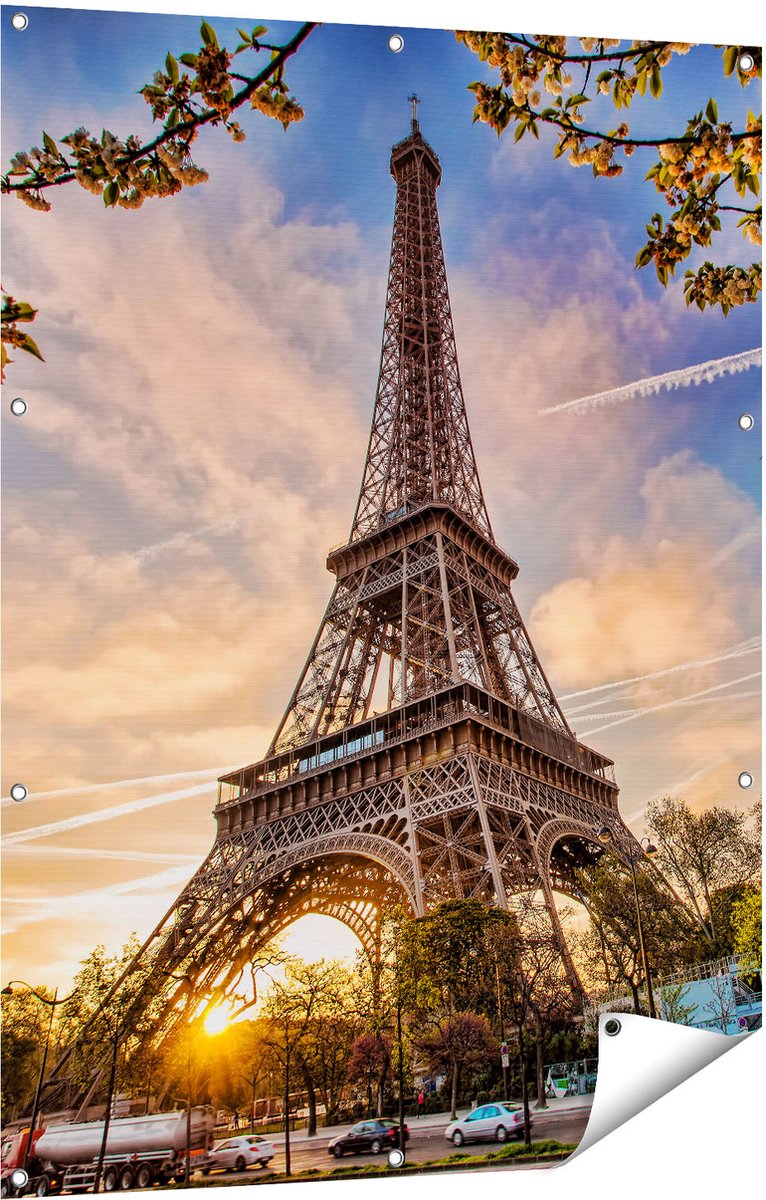 Gards Tuinposter Eiffeltoren in Parijs tijdens Zonsondergang - 90x120 cm - Tuindoek - Tuindecoratie - Wanddecoratie buiten - Tuinschilderij Multikleur