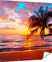 Gards Tuinposter Tropisch Strand tijdens Zonsondergang - 120x120 cm - Tuindoek - Tuindecoratie - Wanddecoratie buiten - Tuinschilderij