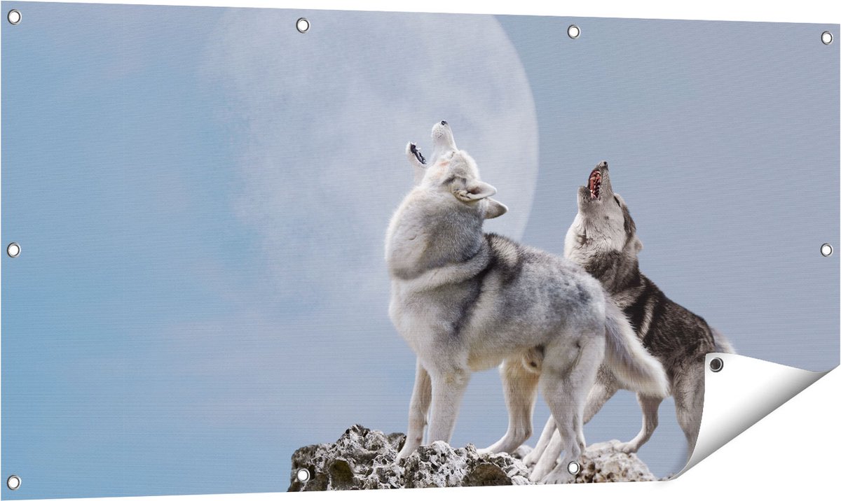 Gards Tuinposter Twee Wolven Die Huilen tijdens Volle Maan - 120x60 cm - Tuindoek - Tuindecoratie - Wanddecoratie buiten - Tuinschilderij Multikleur