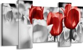 GroepArt - Schilderij - Tulpen - Rood, Grijs, Wit - 120x65 5Luik - Foto Op Canvas - GroepArt 6000+ Schilderijen 0p Canvas Art Collectie - Wanddecoratie