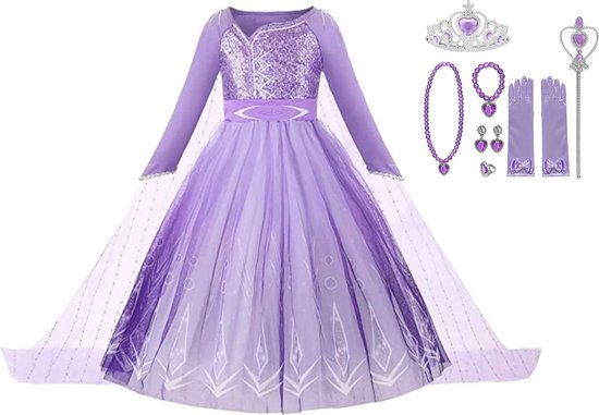 Prinsessenjurk meisje - Elsa jurk - maat 122/128 (130) - Kroon - Tiara - Toverstaf - Juwelen - Handschoenen - carnavalskleding - cadeau meisje - verkleedkleren meisje - kleed