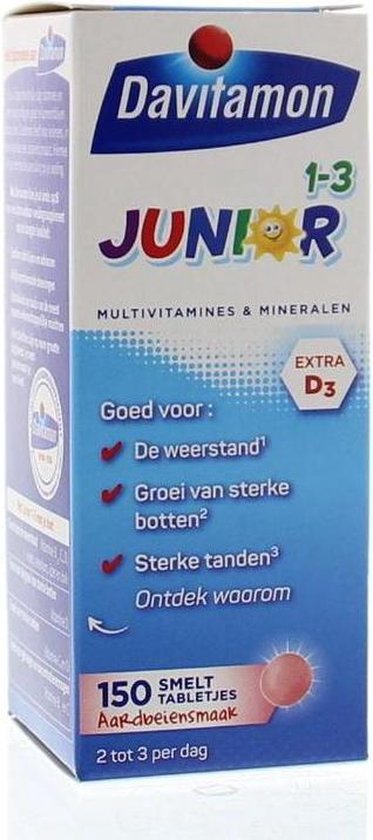 Davitamon Junior vitaminen 1-3 jaar - multivitamine kinderen - 150 smelttabletjes - Aardbeiensmaak