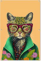 Affiche jardin - Toile jardin - Posters de jardin extérieur - Animaux - Chat - Lunettes - Fleurs - Hippie - 80x120 cm - Jardin