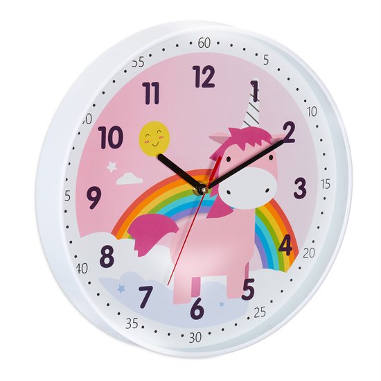 Relaxdays unicorn klok - wandklok eenhoorn - kinderklok regenboog - met cijfers - meisjes