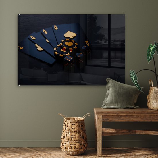 Tableau sur verre or noir - Cartes à jouer - Monnaies - Poker - Or - Zwart - 120x80 cm - Photo sur verre - Décoration salon