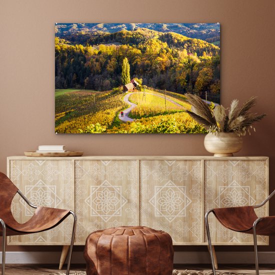 MuchoWow® Peinture sur verre 120x80 cm - Peinture acrylique sur verre - Couple marchant sur la route en forme de cœur à Spicknik - Photo sur verre - Peintures