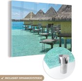 MuchoWow® Glasschilderij 150x100 cm - Schilderij acrylglas - Waterbungalows op Bora Bora - Foto op glas - Schilderijen