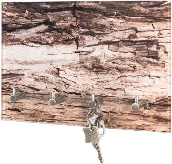 Armoire à clés HakuShop | Verre de sécurité en écorce d'arbre | 4 crochets métalliques en acier inoxydable | Connecteur UV | 30x5x21
