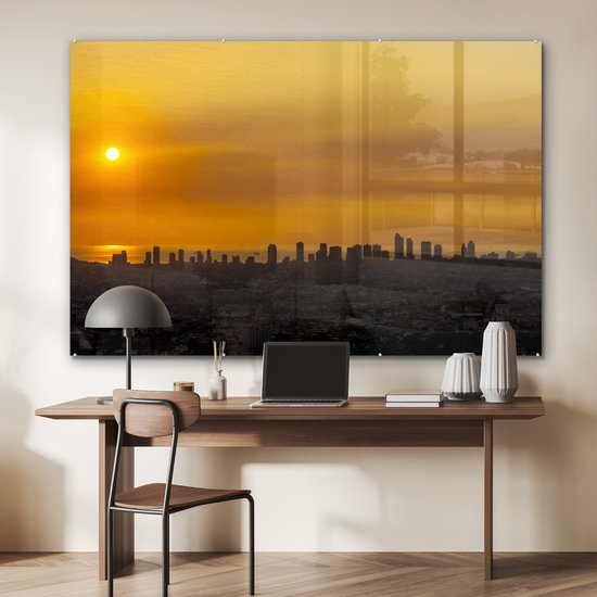 ® Glasschilderij 150x100 cm - Schilderij acrylglas - Gele zonsondergang in Manila - Foto op glas - Muurdecoratie woonkamer - Wanddecoratie slaapkamer - Schilderijen