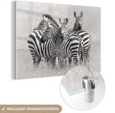 MuchoWow® Glasschilderij 150x100 cm - Schilderij acrylglas - Groep zebra's - Foto op glas - Schilderijen