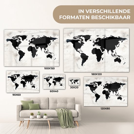 Peinture sur Verre - Carte du Wereldkaart - Zwart - Bois - 120x80 cm - Peintures sur Verre Peintures - Photo sur Glas