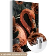 MuchoWow® Glasschilderij 120x180 cm - Schilderij acrylglas - Flamingo - Roze - Bladeren - Foto op glas - Schilderijen