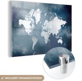 MuchoWow® Glasschilderij 120x80 cm - Schilderij acrylglas - Wereldkaart - Aquarel - Blauw - Foto op glas - Schilderijen