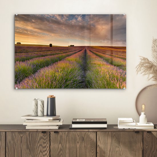 MuchoWow® Peinture sur verre 60x40 cm - Peinture sur verre acrylique - Champs de lavande vallonnés au Royaume-Uni pendant le coucher du soleil - Photo sur verre - Peintures