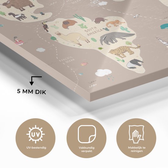 Peinture sur Verre - Carte du Wereldkaart pour Enfants - Terre - Animaux - 120x80 cm - Peintures sur Verre Peintures - Photo sur Glas