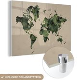 MuchoWow® Glasschilderij 90x60 cm - Schilderij acrylglas - Wereldkaart - Bladeren - Groen - Foto op glas - Schilderijen