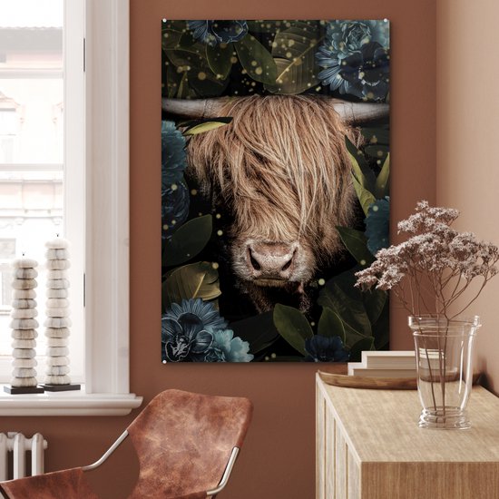 MuchoWow® Peinture sur Verre - Highlander écossais - Fleurs - Or - 80x120 cm - Peintures sur Verre Acrylique - Photo sur Glas