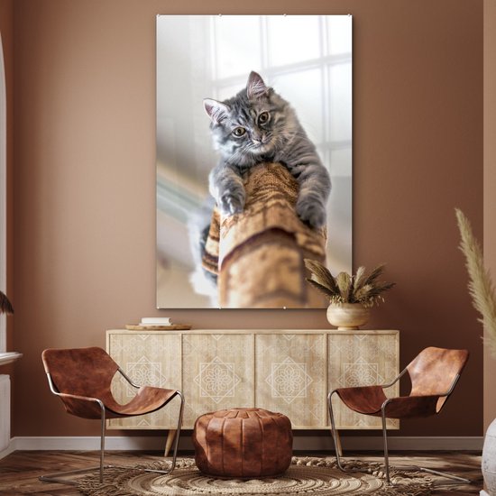 MuchoWow® Peinture sur Verre - Chat - Arbre à Chat - Grijs - 100x150 cm - Peintures sur Verre Acrylique - Photo sur Glas