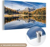MuchoWow® Glasschilderij 40x20 cm - Schilderij acrylglas - Alpen - Bergen - Bos - Foto op glas - Schilderijen