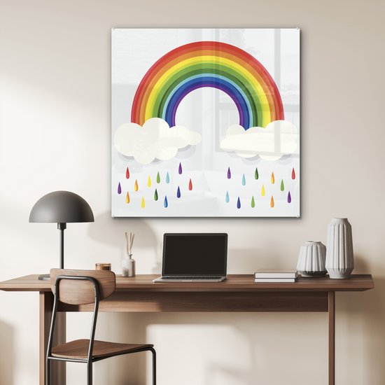 Peinture sur verre - un arc-en-ciel avec des nuages et des gouttes d'arc-en-ciel - 90x90 cm - Peintures sur Verre Peintures - Photo sur Glas