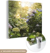 MuchoWow® Glasschilderij 20x20 cm - Schilderij acrylglas - Hortensia tuin - Foto op glas - Schilderijen