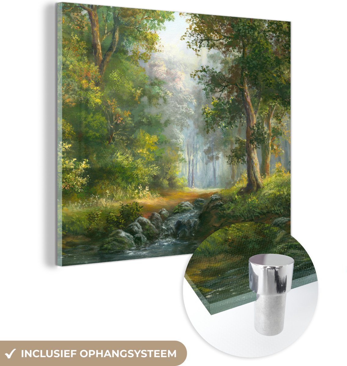 ® Glasschilderij 50x50 cm - Schilderij acrylglas - Bos - Olieverf - Zomer - Foto op glas - Muurdecoratie woonkamer - Wanddecoratie slaapkamer - Schilderijen